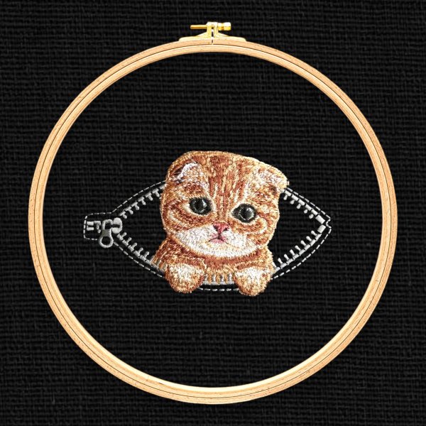 Ginger kitten in a pocket with a zipper Miniature realistic design of machine embroidery